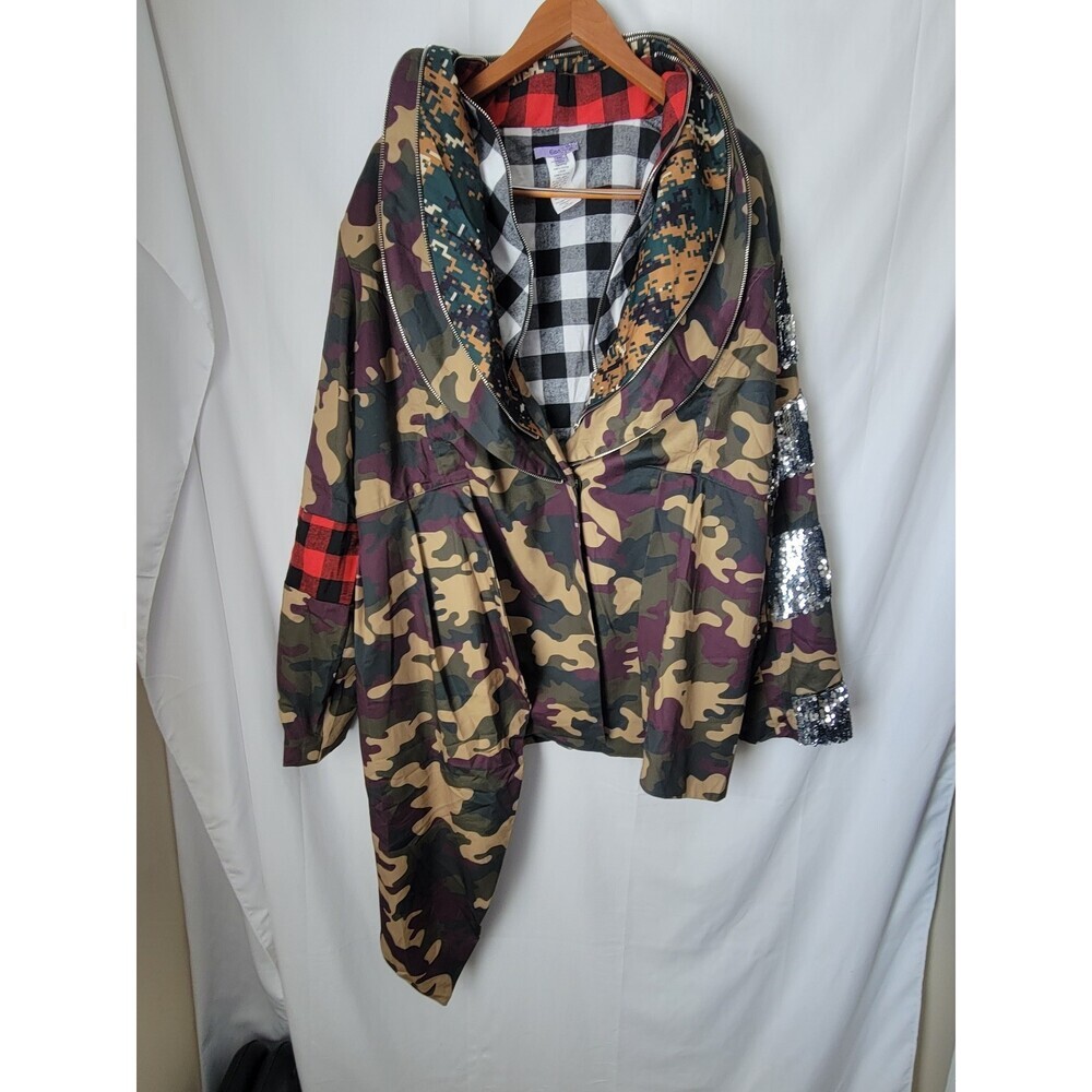 Eien U.S.A. Women's‎ 3XL Camo Parka Anorak Jacket Sequin Plaid Patches Grunge